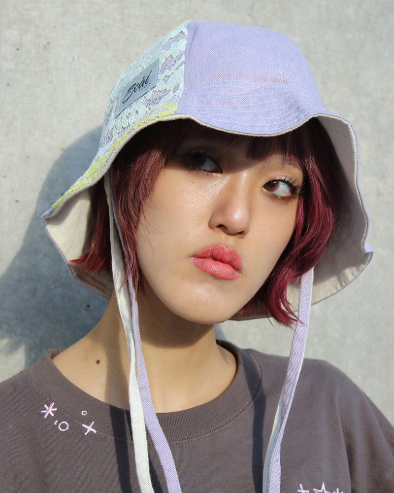 LACE DENIM TULIP HAT (purple/green)