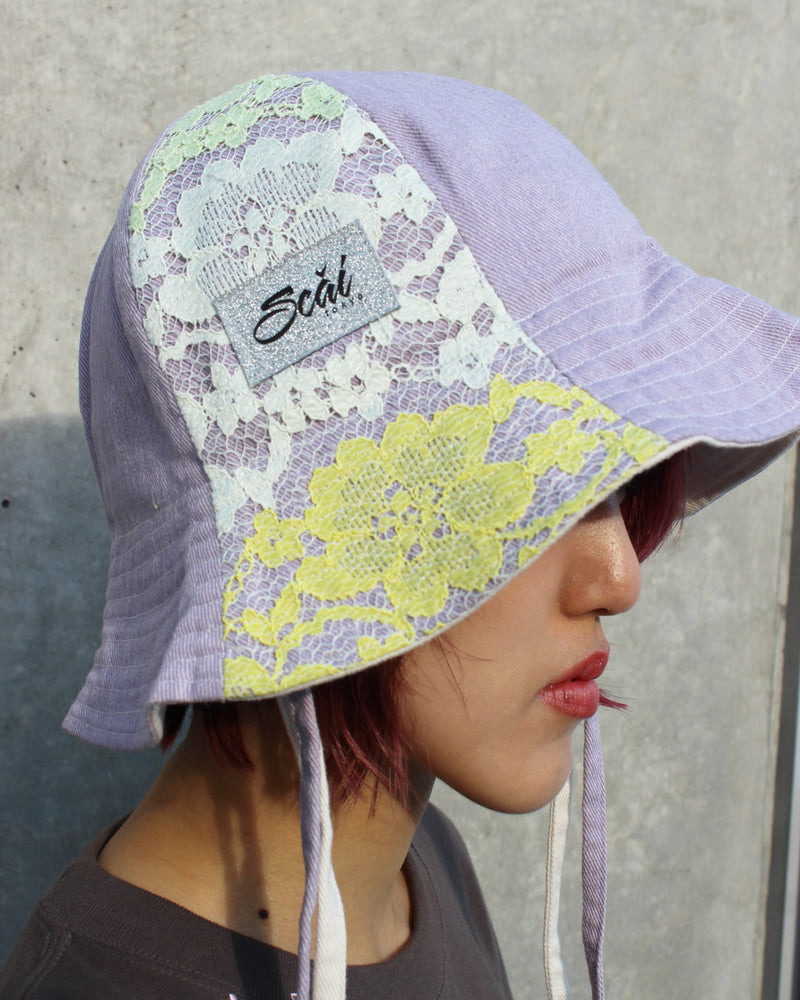 LACE DENIM TULIP HAT (purple/green)