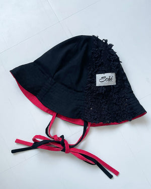 LACE DENIM TULIP HAT (black/red) - LAST 1